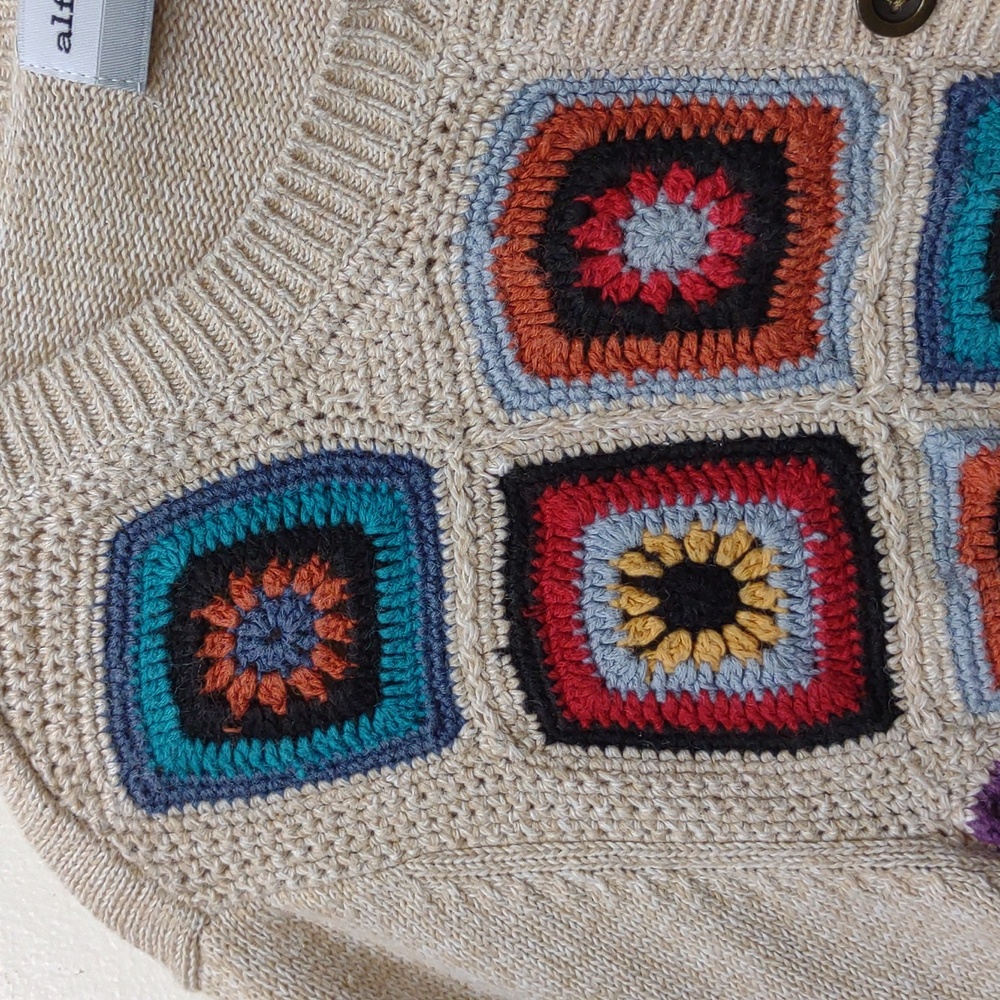 Alfred Dunner Vintage Crochet Granny Square Beige Ramie Cotton Knit Cardigan PXL - Picture 6 of 16